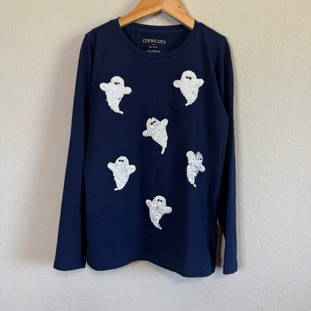 NWT Crewcuts Navy Blue Long Sleeve White Sequin Ghosts Crewneck Tee Shirt Sz 8-9